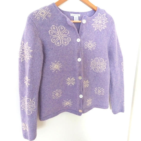 Vintage Wool Eagle's Eye Sweater Made in UK Purple Snowflake Knit Button Front M - Picture 6 of 11